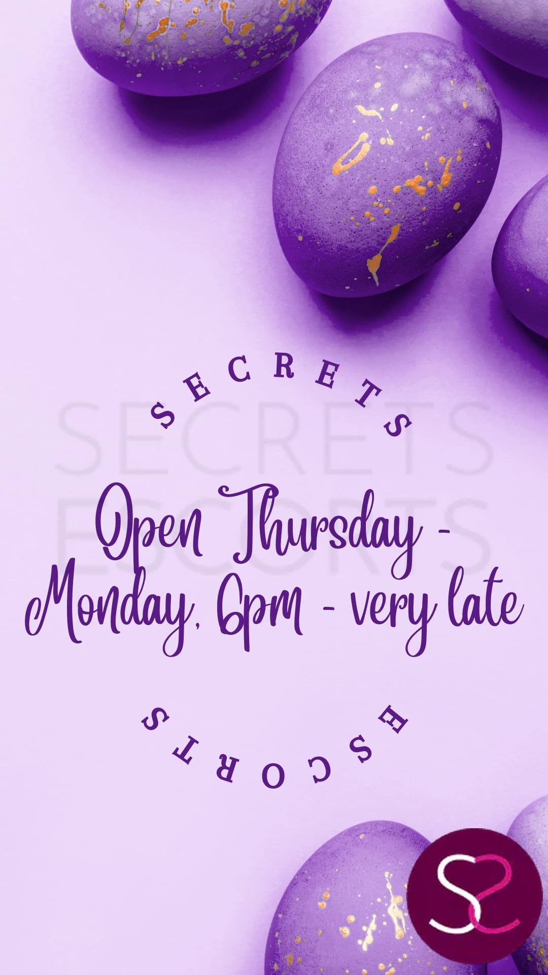 Open 6pm - very late, Friday 18th April - Monday 21st April inclusive! Book your Easter treat now! 0161 798 6769